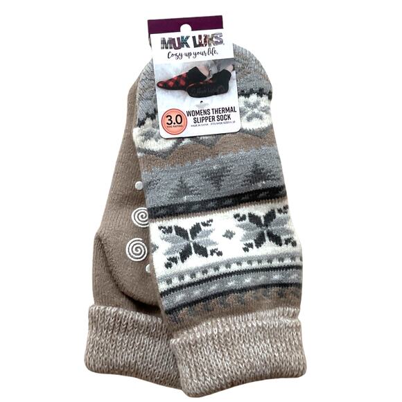 Muk Luks Slipper Socks Taupe Tan Gray White Snowflake NWT - Picture 1 of 5